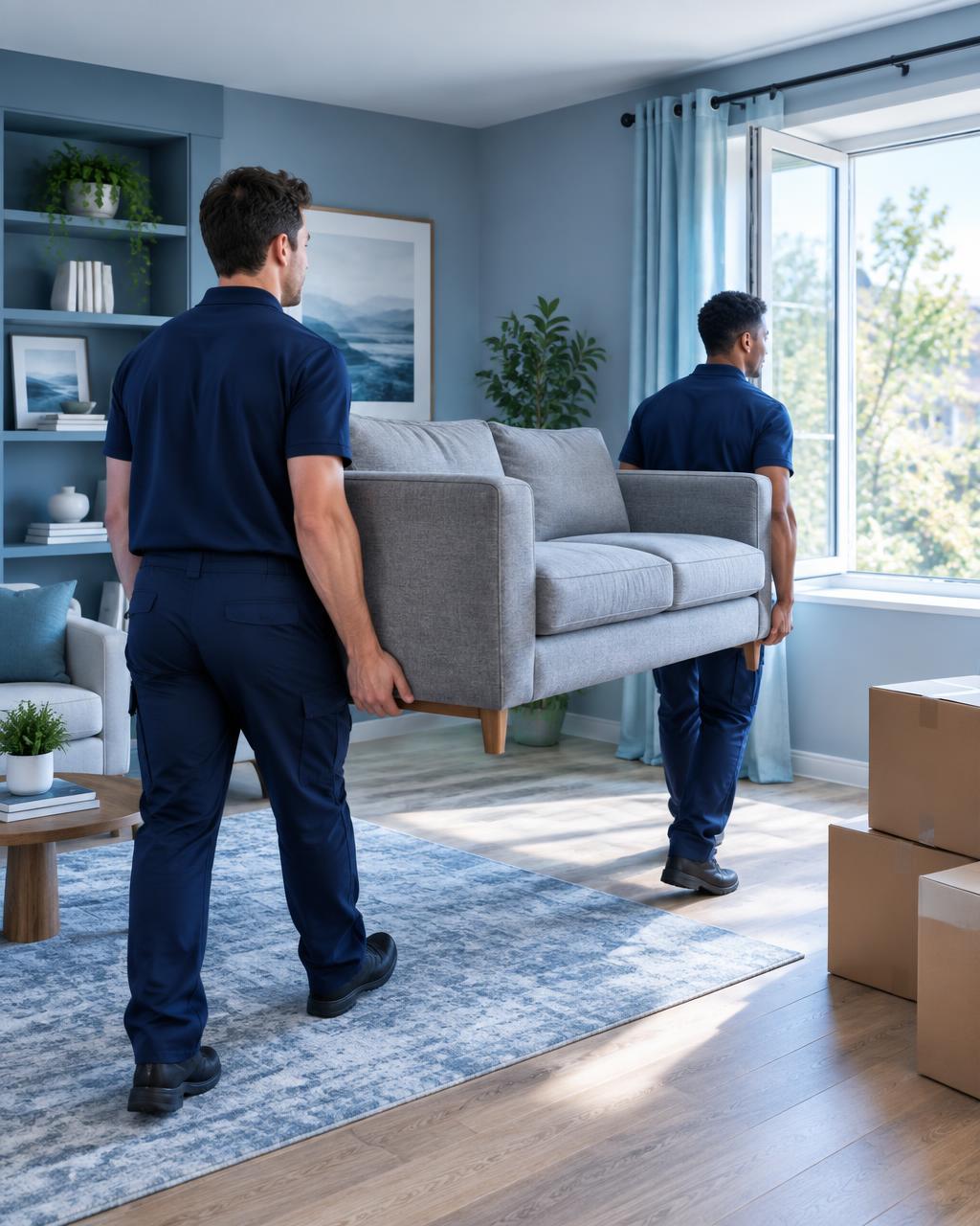 Apex Removal crew carrying a sofa out of a bright living room